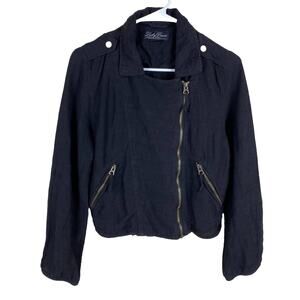 Lucky Brand Linen Blend Moto Biker Jacket Asymmetrical Womens Sz S Black Grunge
